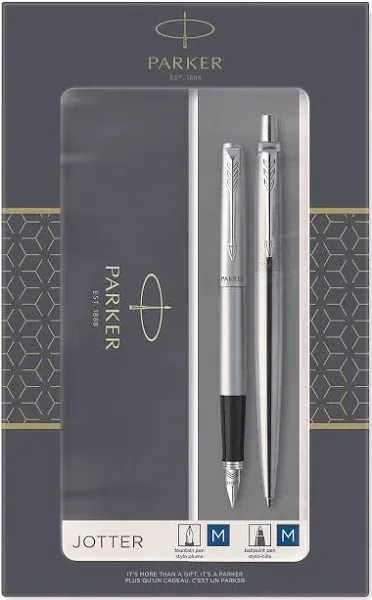 Parker Jotter Duo Gift Set with Ballpoint Pen & Fountain Pen, Stainless Steel with Chrome Trim, Blue Ink Refill & Cartridges, Gift Box