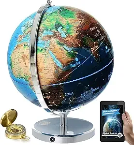 Interactive World Globe for Adults - Large 13 Inch Globe with Stand - Earth Globe with Illuminated Constellations Light Up at Night - Geographic Map for Kids - Educational Learning Gift - Compass to navigate it!