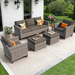 ovios Patio Furniture Set 5-Pieces Outdoor Wicker Sofa Couch with Comfortable Cushions Rattan Conversation Set for Backyard Deck Porch, Black