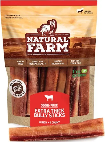 Natural Farm Odor Free Bully Sticks (4 inch, 25 Pack) for Small & Medium Dogs - 100% Beef Chews for Pups, Non-GMO, Grain-Free, Fully Digestible Long