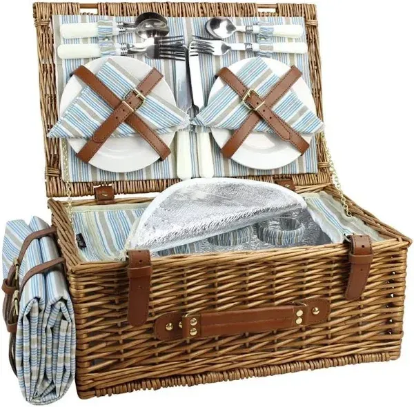 HappyPicnic Wicker Picnic Basket Set for 4 Persons