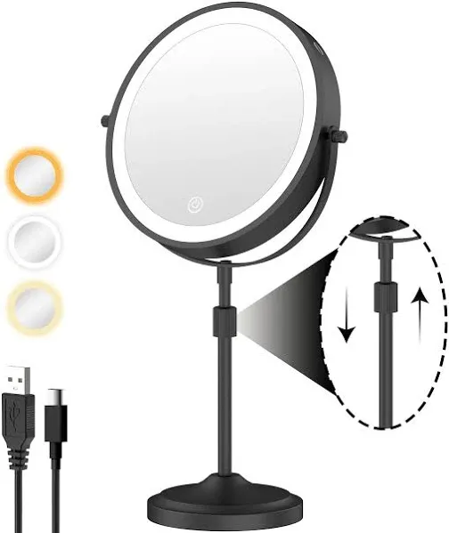 9" 5000mAh Rechargeable Lighted Makeup Mirror with 3 Color Lights Dimmable and 1X/ 10X Magnification for Desk, Magnifying LED Table Light Up Cosmetic Vanity Mirrors Chrome