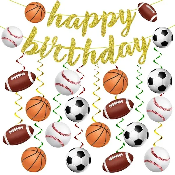 KORHONEN Sports Birthday Party Decorations, Sports Party Decorations Includes Happy Birthday Banner and Sports Hanging Swilrs