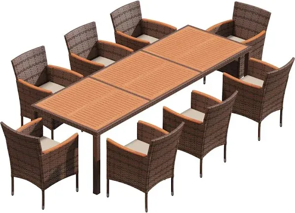 Flamaker 9 Piece Patio Dining Set Outdoor Acacia Wood Table and Chairs with Soft Cushions Wicker Patio Furniture for Deck, Backyard, Garden (Brown)