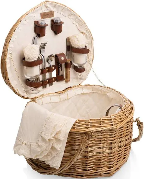  Heart Wicker Picnic Basket, 2 Person Set, Couple Gifts, (Antique White) 