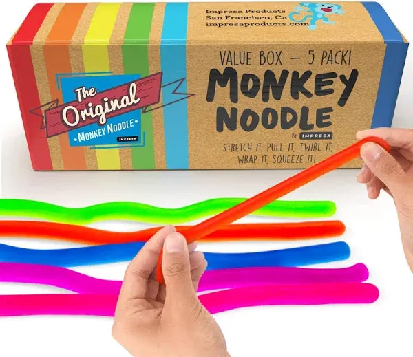 5-Pack Original Stretchy Fidget Sensory Toys Monkey Noodles for Kids and Adults Stretches from 12 Inches to 8 Feet BPA, Phthalate, and Latex-Free