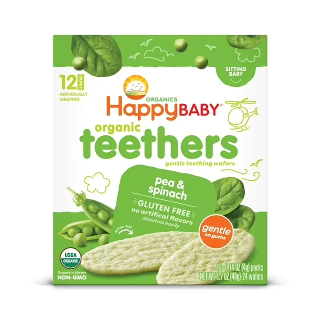 Happy Baby Organics Teethers, Organic, Pea & Spinach, Sitting Baby - 12 pack, 0.14 oz packs