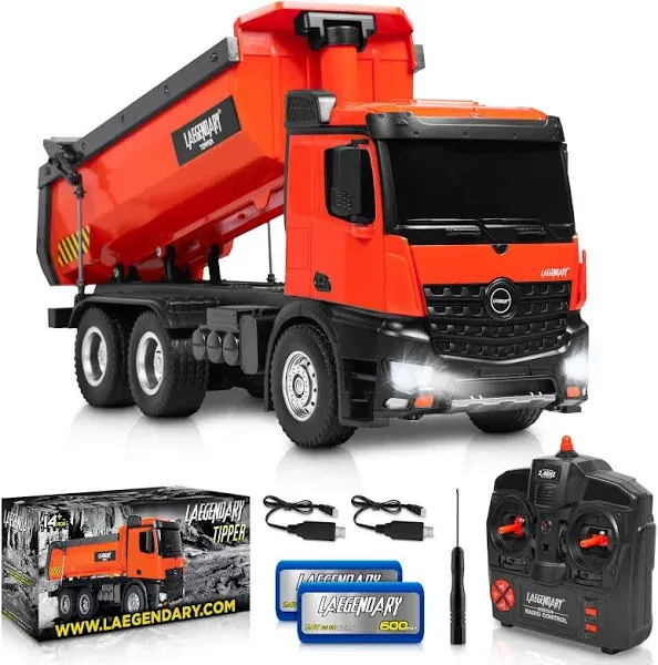 LAEGENDARY 1:14 Scale Large Remote Control Dump Truck for Boys and Adults - Compatible with Excavators RC Construction Vehicles - 10 Channe