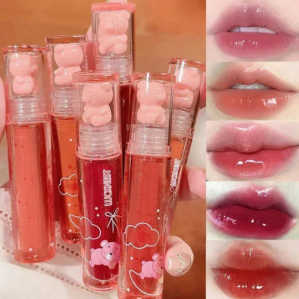 6Pcs Bear Lip Glaze Jelly Lipstick, Liquid Lipstick Cute Bear Lipgloss Moisturizing Lip Stain Plumping Water Lip Gloss Waterproof Long Lasting Cheek Rouge Tint Cosmetics Beauty Makeup