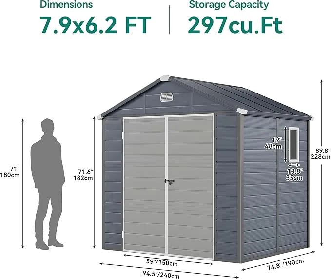 YITAHOME 7.87x6.2FT Resin Storage Unit sans Flooring, All-Weather Plastic Shed with Window, Vents and Secured Doors, Outdoor Plastic Tool Cabin for Poolside, Lawn, Backyard, Patio, Dark Gray