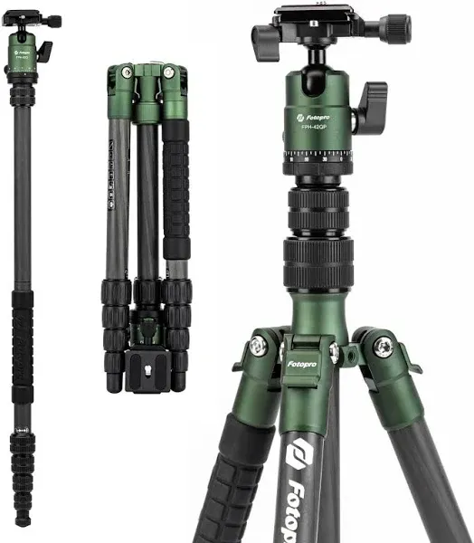 Fotopro 59" Carbon Fiber Travel Tripod, Compact Camera Tripod with Ball Head, Detachable Monopod with Quick Release Plate and Bag, Load up to 8KG/17.63lbs