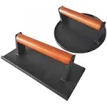 Cast Iron Grill Presses with Wood Handle (Round &amp; Rectangle W Flat Bottom)