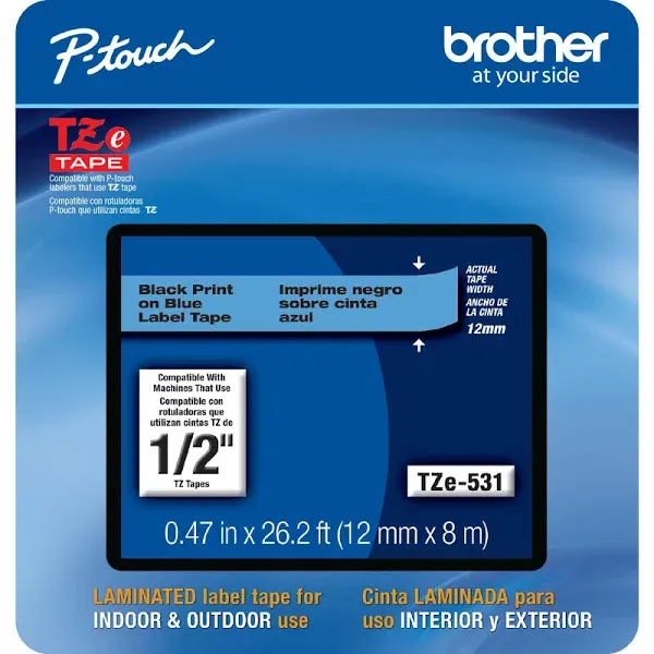 Brother P-touch TZe-531CS Laminated Tape 1/2&#034; x 26-2/10&#039; Black on Blue Tape