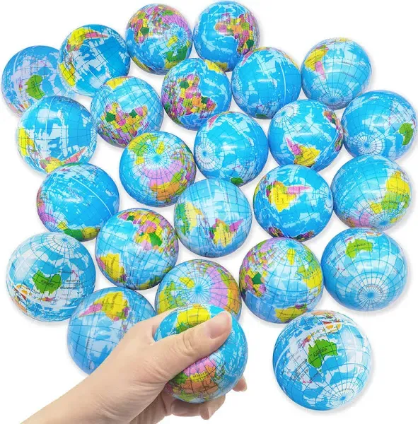 Jizvxe 24 PCS Globe Squeeze Balls,2.5 Inch Globe Bouncy Ball Earth Squishy Ball,Mini Foam Globe Squeeze Stress Balls