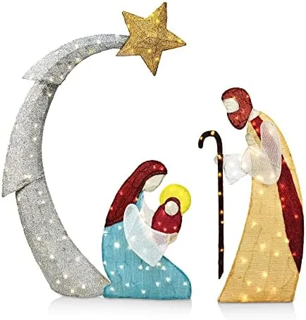 JOIEDOMI 5FT 3D Christmas Nativity Scene Tinsel Yard Light 140 Pre-Lit LED Warm White Lights with Metal Stakes for Indoor Outdoor Garden Holiday Decoration, Christmas Event, Christmas Eve Night Décor