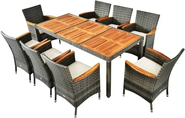 9 Pieces Rattan Patio Dining Set with Acacia Wood Table and Cushioned Chair