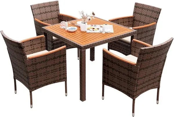 Devoko 5 PCS Furniture, Patio Conversation Set with Acacia Wood Top, Rattan Outdoor Dining Table and Chairs for Backyard, Garden, Deck, Brown