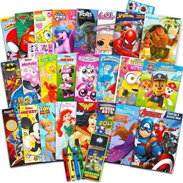 24 Bulk Coloring Books for Kids Ages 4-8 - Assorted 24 Licensed Coloring Activity Books for Boys, Girls | Bundle Includes Full-Size Books, Crayons, Stickers, Games, Puzzles, More (No Duplicates)