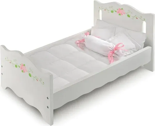 African Adventure Doll Bed with Bedding & Personalization Kit - White Rose - 22" L x 11.25" W x 10.25" H - for Dolls Up to 20", Includes Four Pillows