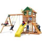 Gorilla Playsets 01-1063-Y Outing Wood Swing Set with Wood Roof & Yellow Slide, Amber