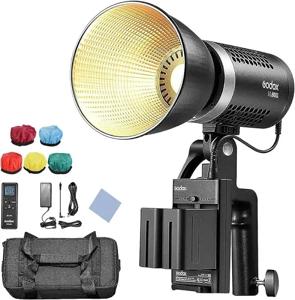 Godox ML60Bi LED Studio Light 60W Dual Color Temperature 2800-6500K CRI96 TLCI97 Adjustable Brightness 16 Groups 32 Channels Godox Stand with Handle Mobile APP Control for Live Video Shooting