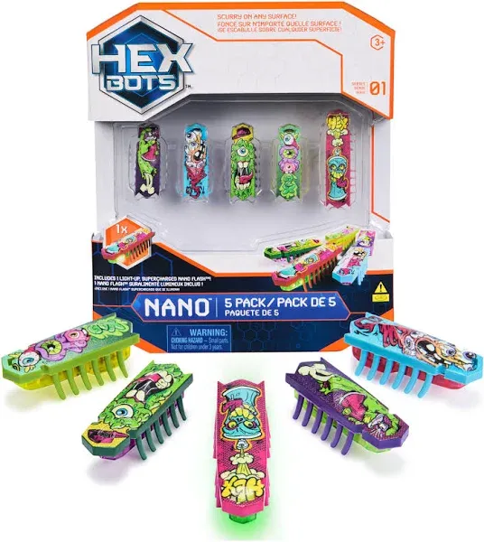 HEX BOTS Nano 5 Pack 4 Nano Bots with Bonus Flash Nano Sensory Toys for Kids & Cats