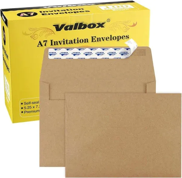 ValBox 100 Qty A7 Invitation Envelopes 5 x 7, 120gsm Brown Kraft Paper Envelopes