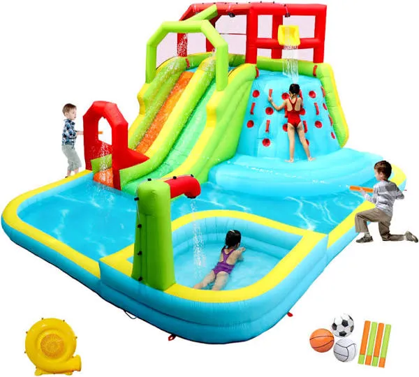 WELLFUNTIME Inflatable Water Slide Park with Splash Pool, Climbing Wall, Sport Balls, Water Guns, and Air Blower