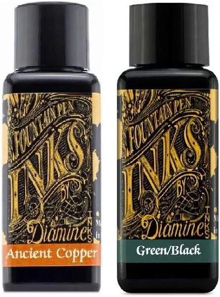 Diamine Fountain Pen Ink 30ml Ancient Copper &amp; Green Black - 2 Pack