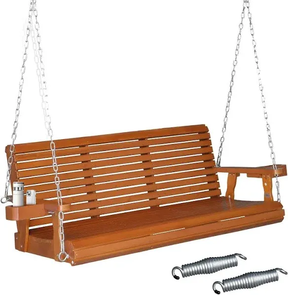 VINGLI XL Size Patio Wooden Porch Swing Outdoor with Cup Holders