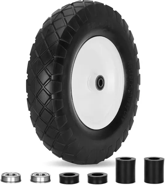 Upgraded 16" Flat Free Wheelbarrow Wheels and Tires, 4.80/4.00-8 Solid Wheelbarrow Tires with 5/8"&3/4" Bearings,14"-16" Universal Fit Wheelbarrow Tires for Wheelbarrows/Garden Trailer