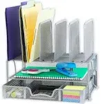 SimpleHousewar<wbr/>e Mesh Desk Organizer with Sliding Drawer, Double Tray and Silver