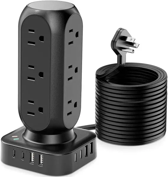 Tower Surge Protector Power Strip, Flat Plug 10FT Extension Cord 10 FT Black