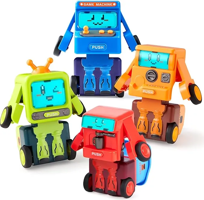 SYNCFUN 4 Pack Toy Cars for Toddler, Push & Go Transforming Robot Toy Cars, Construction Vehicles Set for Boys Girls, Birthday Party Favor Gifts for Kids