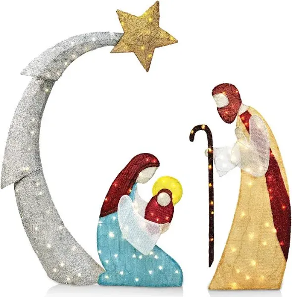 5FT 3D Christmas Nativity Scene Tinsel Yard Light 140 Pre-Lit LED Warm White