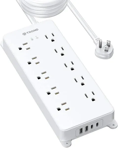 TROND Surge Protector Power Strip, Flat Plug 15ft Long Extension Cord, 10 Widely Spaced AC Outlets, 2 USB A & 2 USB C Ports, 4000J, ETL Listed, Wall Mountable, for Home Office Entertainment, White