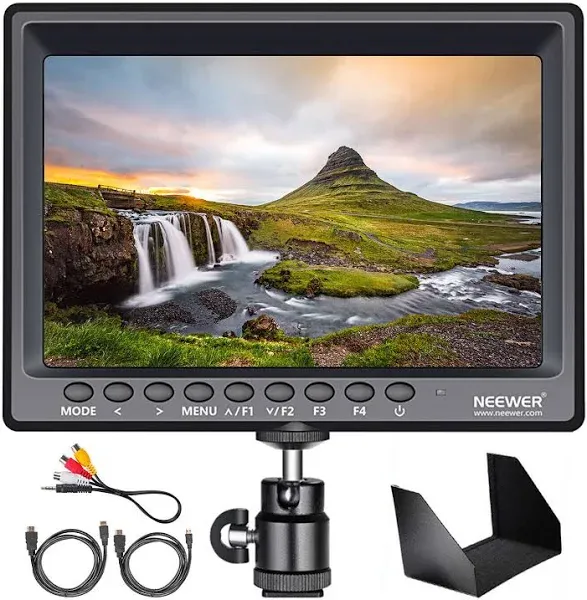 NEEWER F100 7inch Camera Field Monitor HD Video Assist IPS 1280x800 HDMI Input 1080P with Sunshade and Ball Head for DSLR Cameras, Handheld Stabilize