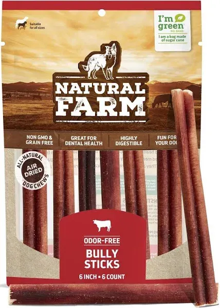 Natural Farm Odor-Free Bully Sticks (6 Inch, 6 Ounces), 1 Ounce (Pack of 6) 