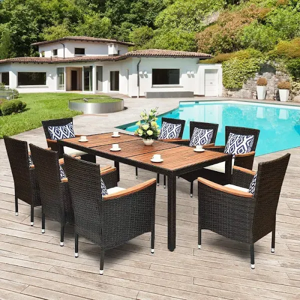 Costway 9PCS Patio Rattan Dining Set Cushioned Acacia Wood Table