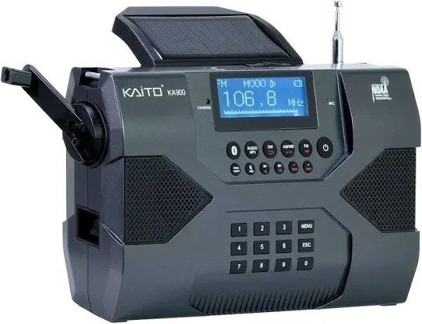 Kaito Emergency Radio Voyager Max KA900 Digital Solar Dynamo Crank Wind Up AM/FM/SW & NOAA Weather Stereo Radio Receiver with Bluetooth, Real-time Alert, MP3 Player, Recorder & Phone Charger, Black