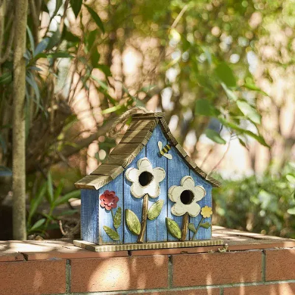 10.75&#034; L Distressed Solid Wood Birdhouse with 3D Flowers Rustic Hand-Painted Bir