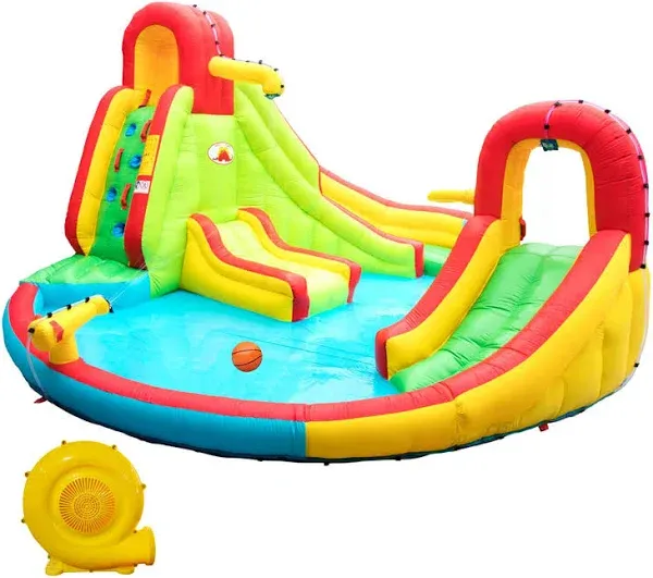 WELLFUNTIME Inflatable Water Park with Blower Dual Water Slide, Climbing Wall, Water Gun, Splash Pool, Lounge, Basketball Hoop and Big Slide