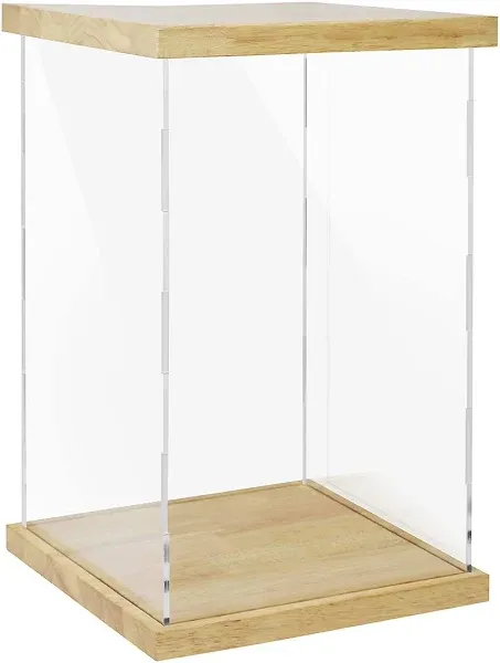 Clear Acrylic Display Case with Solid Butcherblock Base and Top for Trophy, Collectibles, Assemble 