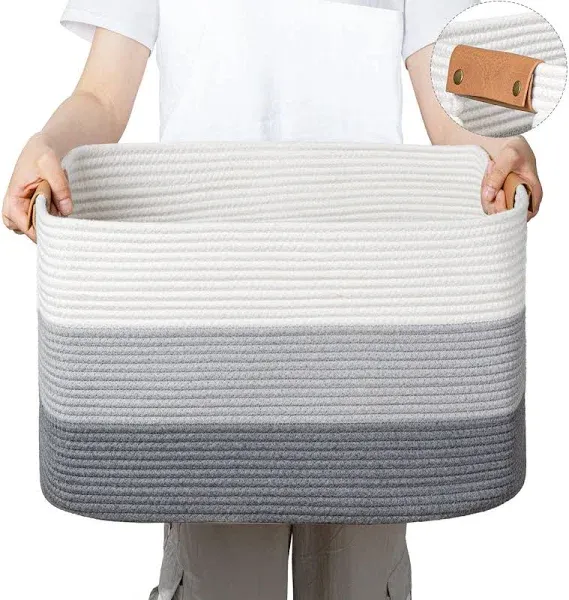 danpinera Rectangle Blanket Storage Basket, 18.11’’*14.17’’*11.81’’, 50L, Large Blanket Basket Living Room, Blankets with Handle, Large Woven Basket for Toy Organizing & Laundry, Gradient Grey