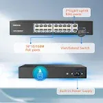 16 Port 10/100Mbps PoE+ Switch with 2 Gigabit Uplink Ports, Up to 30W Per Port, Total Budget 250W, 803.af/at Compliant, Extend Mode, Rack Mount