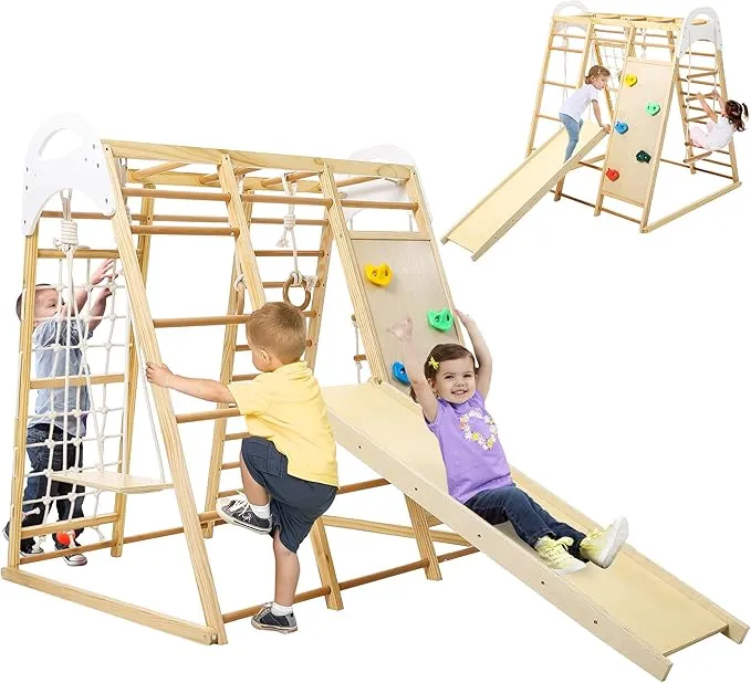 Wpond Indoor Jungle Gym, 8 in 1 Indoor Playground for Kids, Wooden Toddler Climbing Toys Indoor, Climbing Gym for Boys and Girls