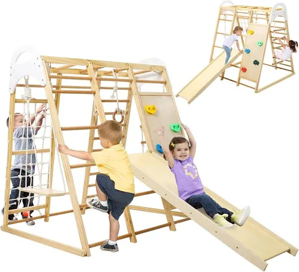 Wpond Indoor Jungle Gym, 8 in 1 Indoor Playground for Kids, Wooden Toddler Climbing Toys Indoor, Climbing Gym for Boys and Girls