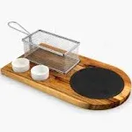 Yukon Glory™ Burger Serving Set, Perfect For Foodies, Burger Lovers and Tablescapes, Includes Premium Acacia Wood Board With Slate, Stainless Steel Fry Basket and Porcelain Condiment Cups,