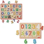 Melissa & Doug Wooden Lift & See Peg Puzzle Early Learning 2 Pack for Girls and Boys – Alphabet, Numbers