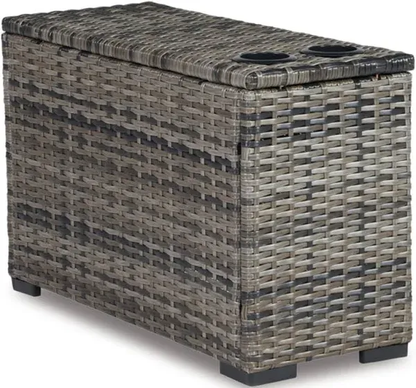 Signature Design by Ashley Harbor Court Outdoor Resin Wicker Handwoven Over Rust-Free Aluminum Framed Console with 2 Drink Holders, Gray